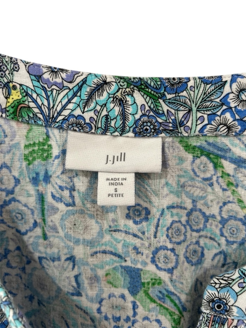 J. Jill Pleated Floral Parrot Linen Blend Popover top S petite blue white resort - Picture 3 of 8